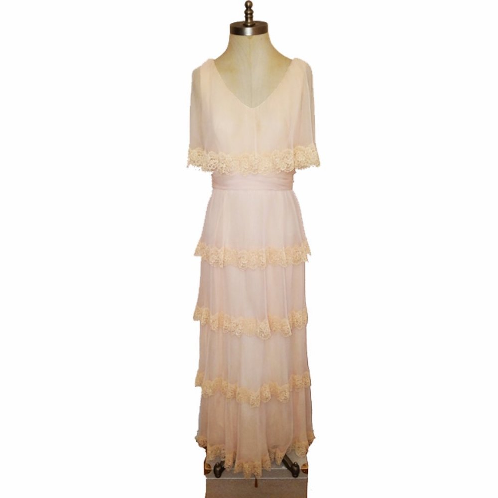 Vtg 70s Nude Blush Chiffon Lace Tiered Gown Dress - Picture 1 of 7